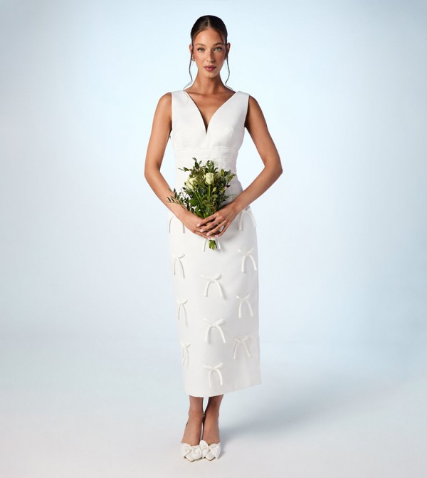 Bow Detail Satin Midi Wedding Dress