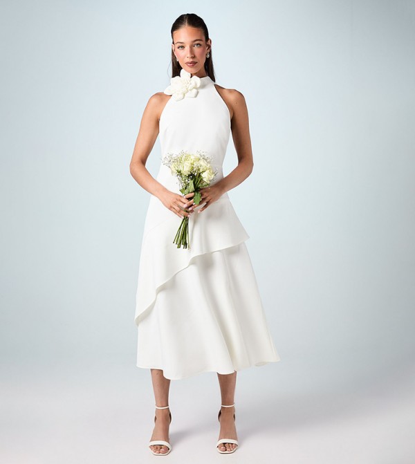 Corsage Detail High Neck Midi Party Dress