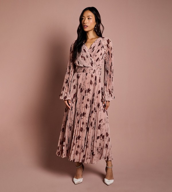 Long Sleeves Chiffon Pleated Wrap Midi Dress
