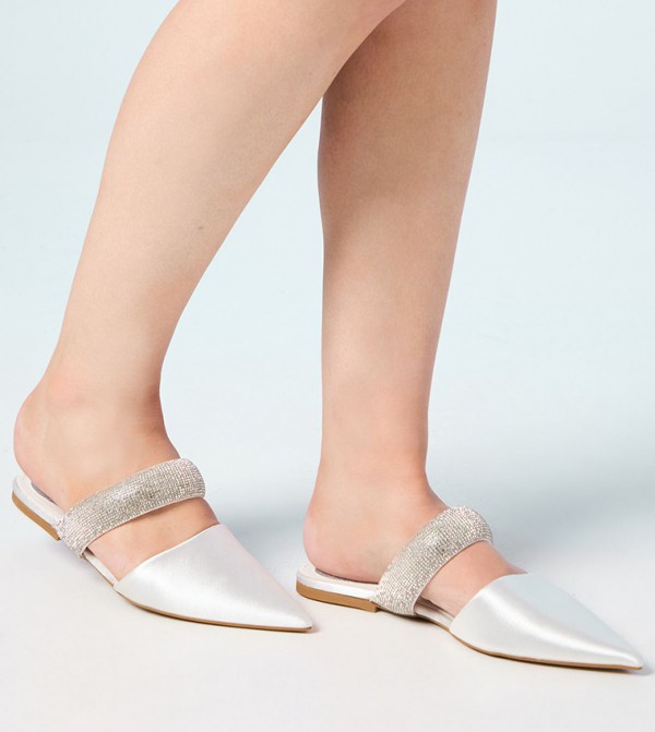 Bridal Teenie Satin Diamante Strap Pointed Flat Mules