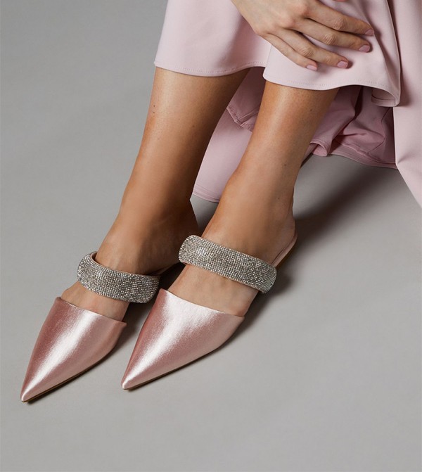 Teenie Satin Diamante Strap Flat Shoes