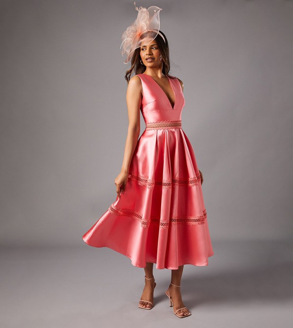 Petite Plunge Neck Twill Midi Dress with Lace Trims