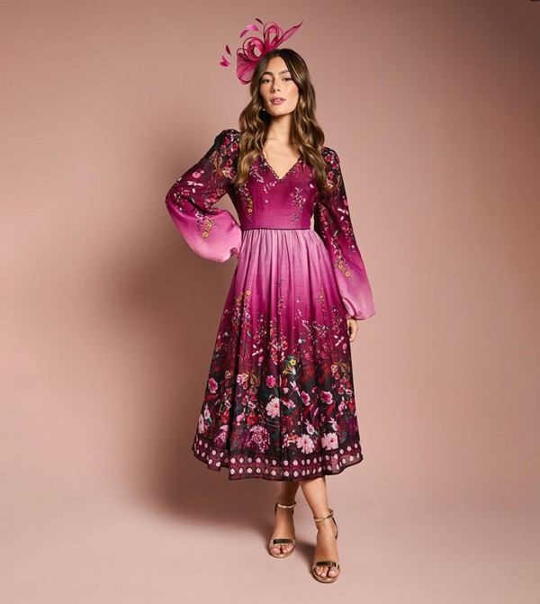 Long Sleeves V-Neck Boarder Floral Print Midi Dress