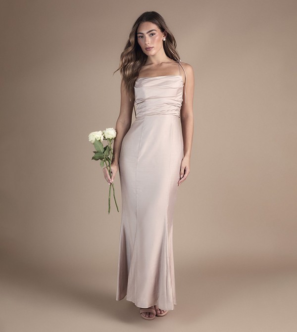 Satin Cowl Neck Strappy Bridesmaid Dress