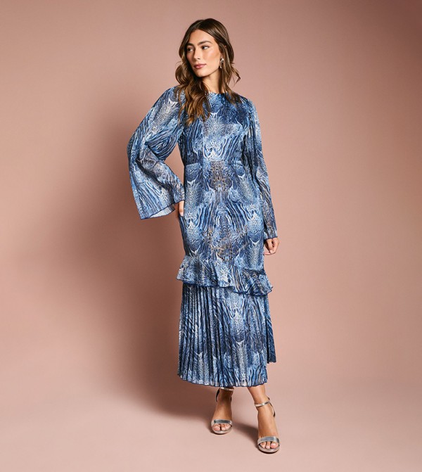 Animal Printed Flared Sleeves Midi Dress