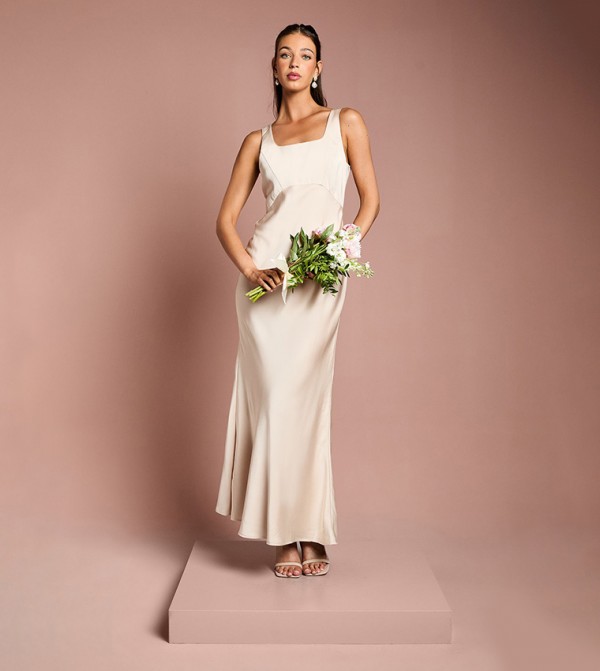 Square Neck Satin and Crepe Bridesmaids Maxi Dress