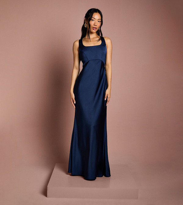Square Neck Satin and Crepe Bridesmaids Dress with Bow Back