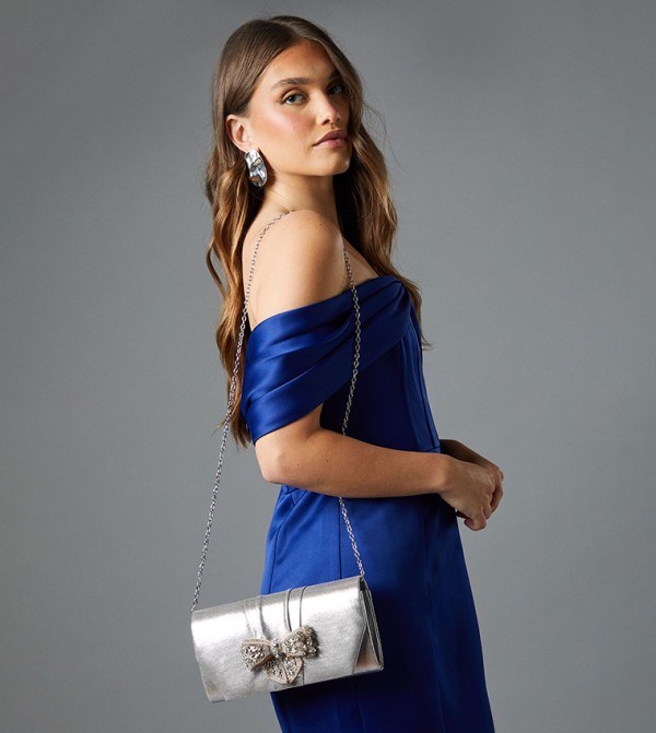 Dream Satin Large Diamante Bow Clutch Bag