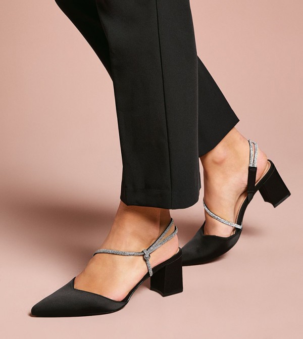 Deyla Satin Diamante Asymmetric Strap Block Heel Pumps