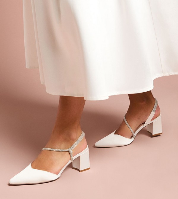 Deyla Satin Diamante Asymmetric Strap Block Heel Pumps