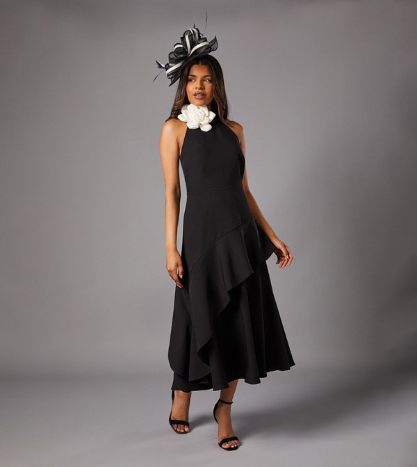 Petite High Neck Corsage Detail Midi Dress