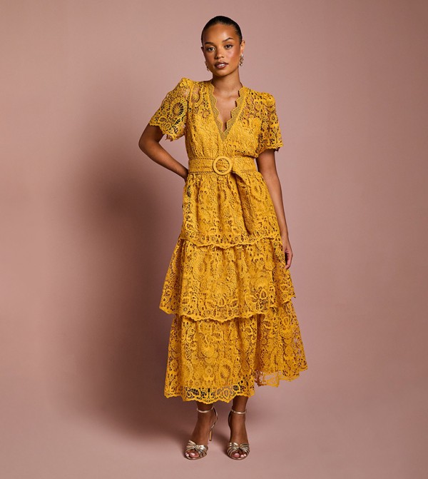Lace Short Sleeves V-Neck Layered Midi Dress