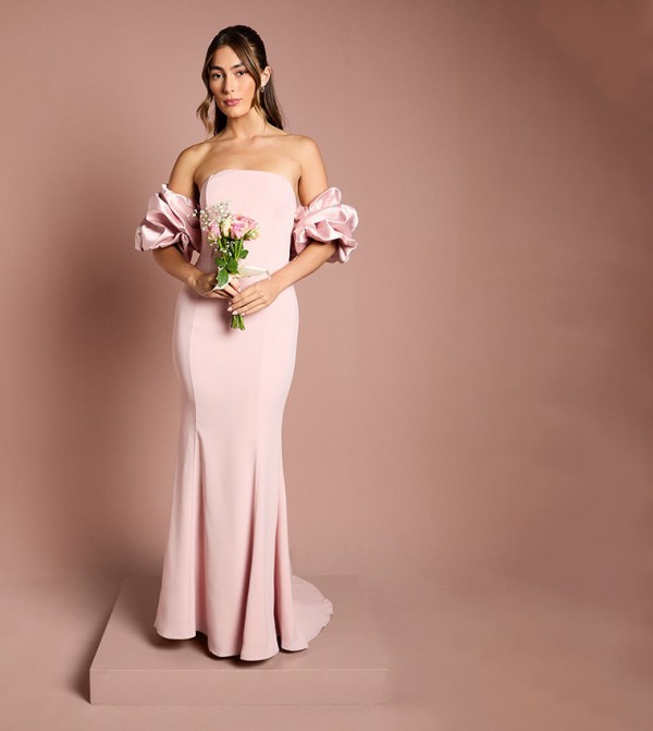 Puff Sleeves Bardot Fishtail Maxi Party Dress