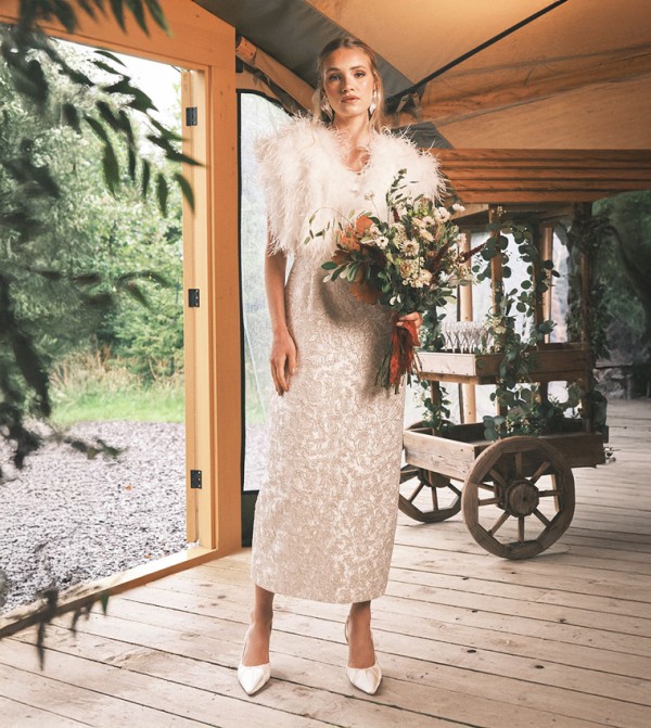 Ornate Lace and Twill Column Maxi Wedding Dress