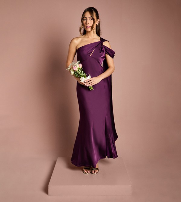 Satin One Shoulder Fishtail Maxi Bridesmaids Dress