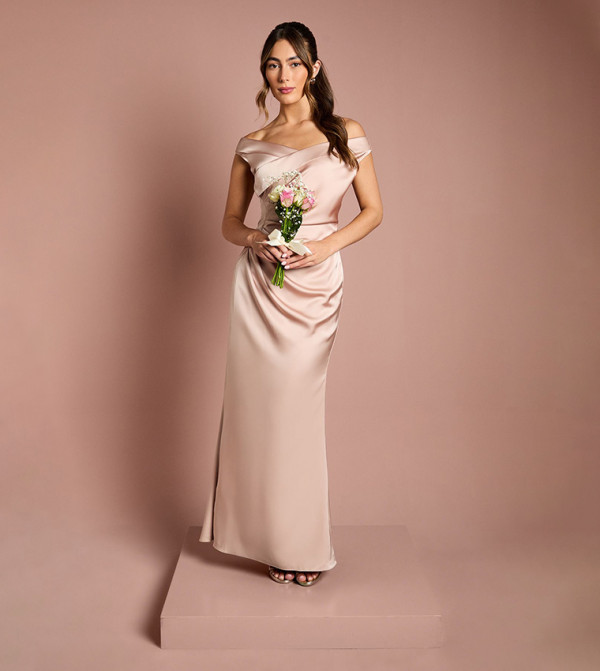 Satin Bardot Ruched Bridesmaid Maxi Dress