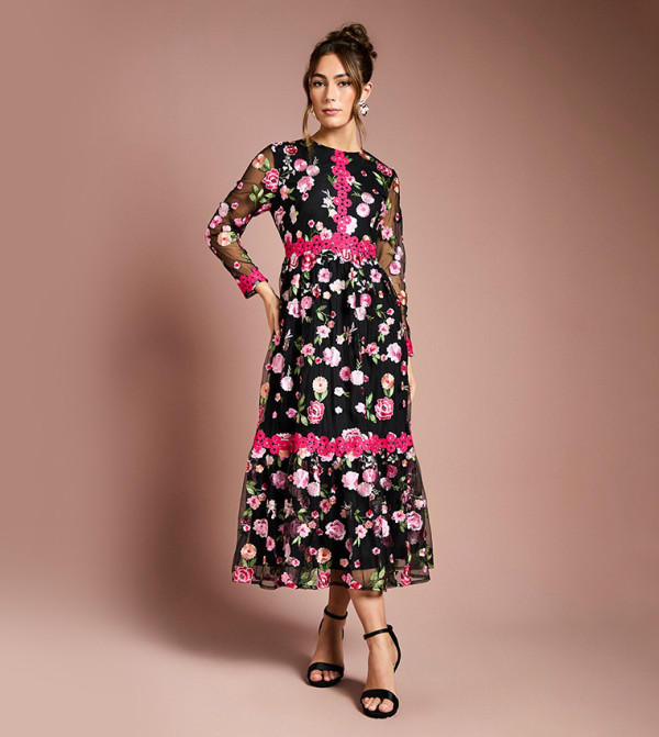 Embroidered Floral Long Sleeves Midi Dress