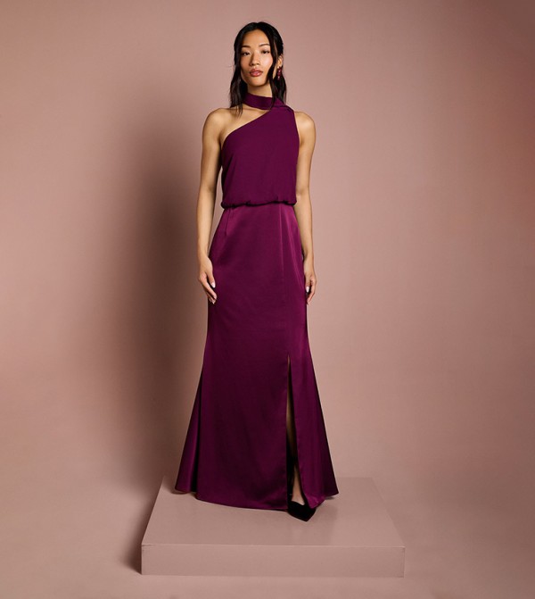 One Shoulder Neck Scarf Maxi Bridesmaid Dress