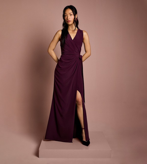 V-Neck Wrap Detail Crepe Maxi Bridesmaid Dress