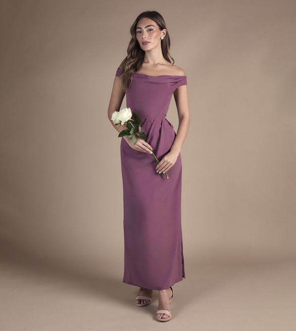 Crepe Bardot Ruched Maxi Bridesmaids Dress