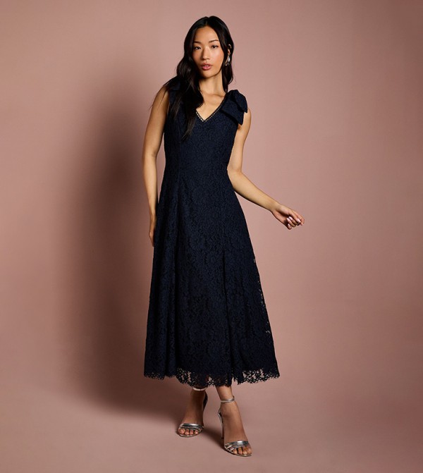 Bow Shoulder V-Neck Lace Midi Dress