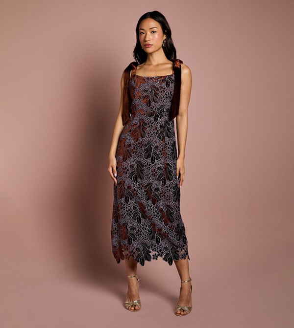 Cut Out Velvet Lace Tie Shoulder Column Midi Dress