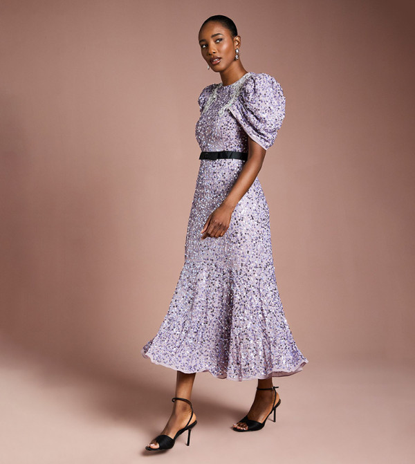Sequined Embellished Puff Sleeves Midi Dress