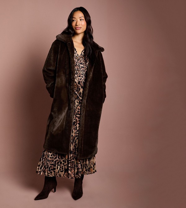 Long Sleeves Faux Fur Collared Coat