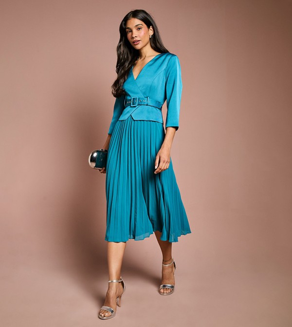 Satin Pleated Belted Midi Wedding Guest Dress