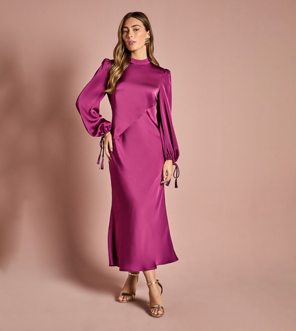 Blouson Sleeves Satin Midi Dress