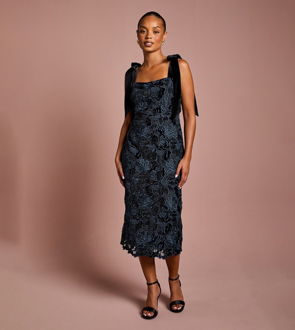 Petite Cut Out Velvet Lace Tie Shoulder Column Midi Dress