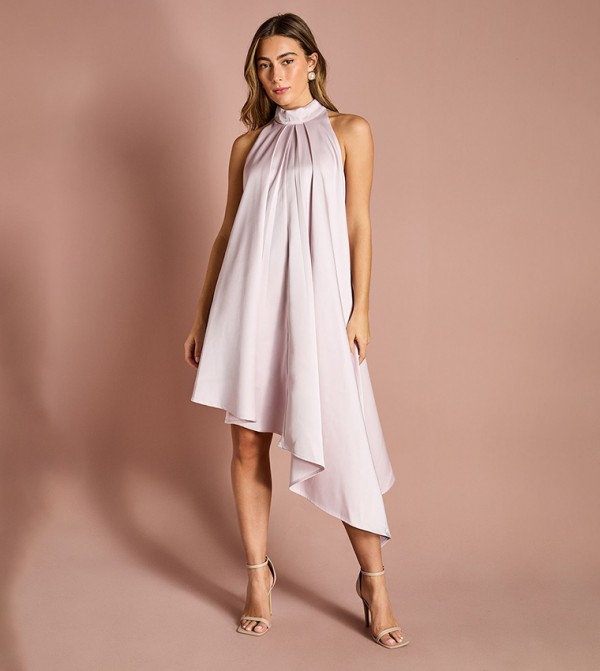 Halterneck Asymmetric Hem Bow Back Mini Dress