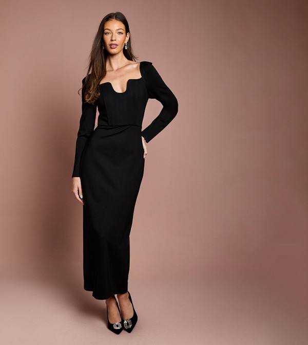 Long Sleeves Corset Ponte Maxi Dress