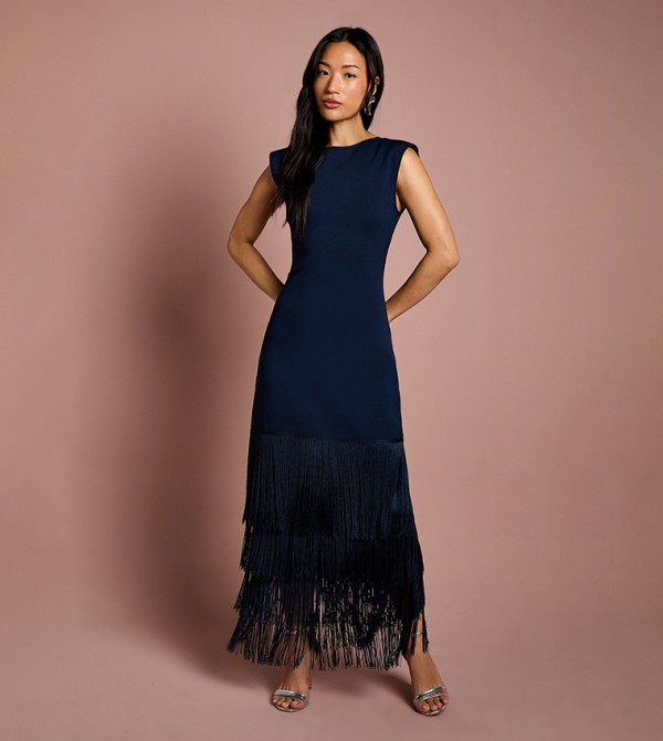 Bandage Knit Fringed Hem Midi Dress