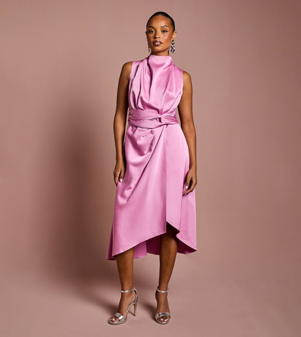 Petite Satin Midi Dress with Twist Waist