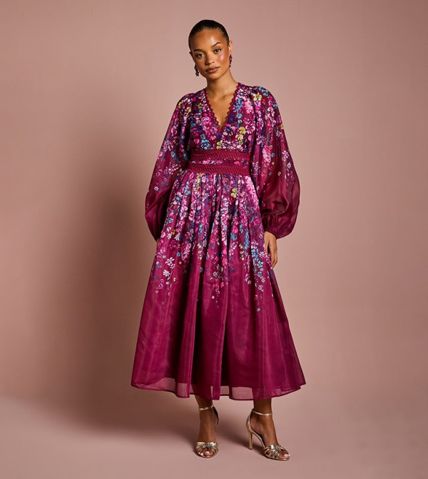 Petite Organza Floral Placement Lace Trim Midaxi Dress