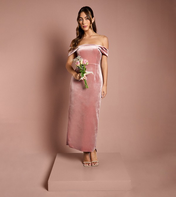 Velvet Bardot Column Bridesmaid Maxi Dress