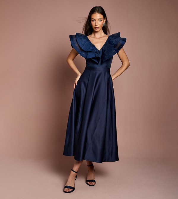 Solid Volume Frill Shoulder Midi Dress