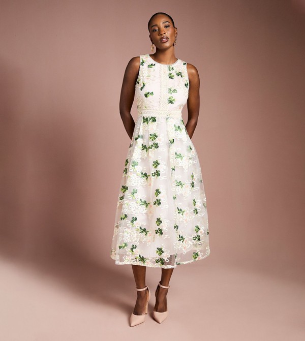 Embroidered Mesh Lace Trim Full Skirted Midi Dress