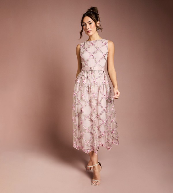 Metallic Floral Embroidered Mesh Midi Dress