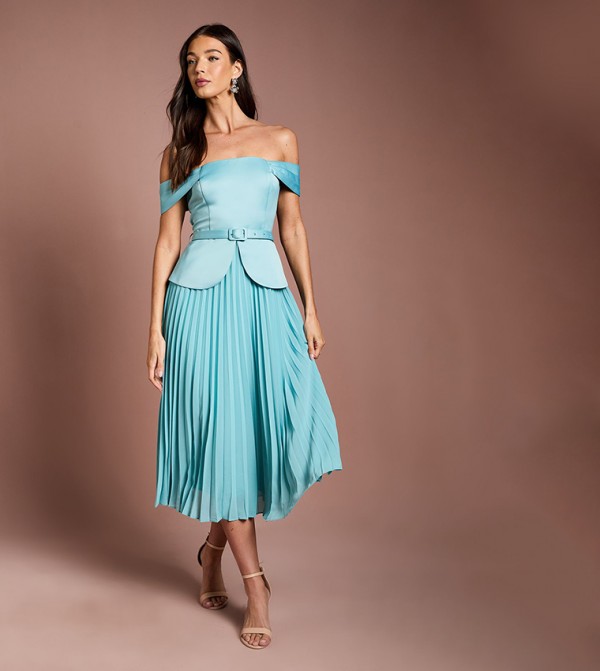 Satin Bardot Top Pleated Skirt Midi Dress