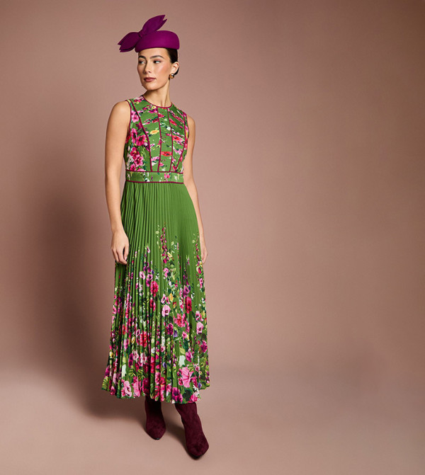 Pleated Piped Bodice Printed Midi Dress