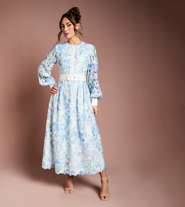 فستان ميدي دانتيل بكم بلوزون وطبعة 