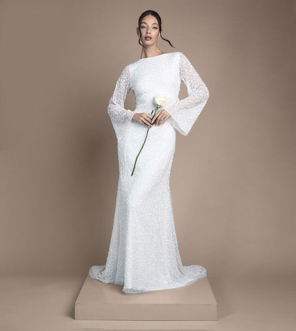 Long Sleeves Cowl Back Sequined Maxi Wedding Dress