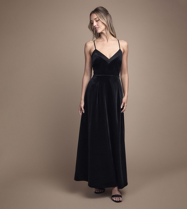 Velvet V-Neck Strappy Bow Detail Maxi Bridesmaid Dress