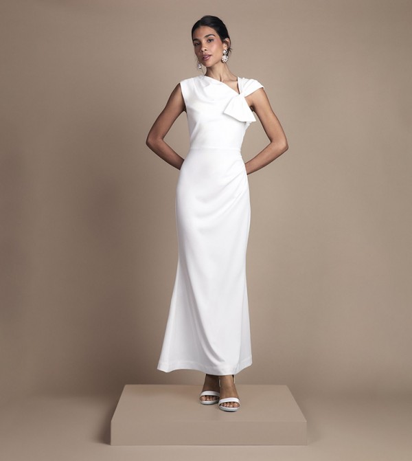 Asymmetric Neck with Bow Detail Crepe Maxi Wedding Dress