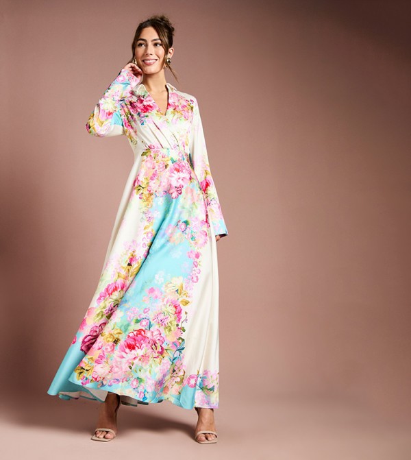 Placement Print Wrap Front Maxi Dress