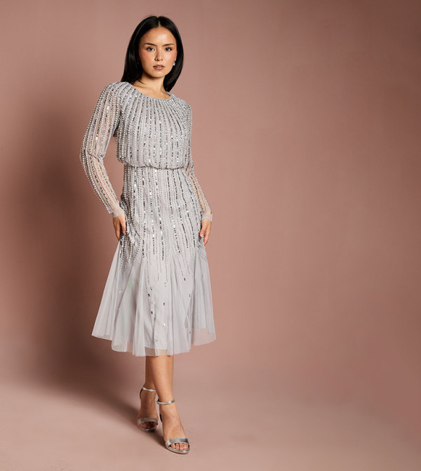 Petite Party Sequined Long Sleeves Midi Dress