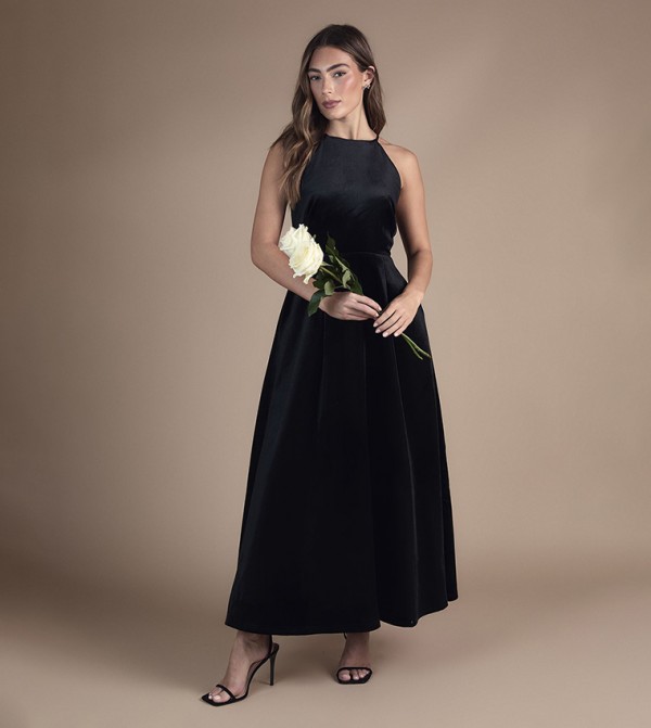 Velvet Halterneck Bow Back Maxi Bridesmaid Dress