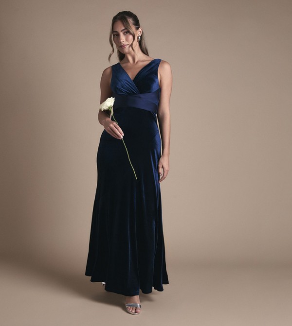 Velvet V-Neck Fishtail Maxi Bridesmaid Dress